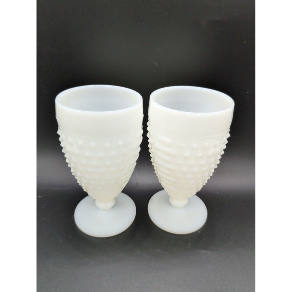 Vintage Anchor Hocking White Milk Glass Hobnail & Ladder Stem Goblet - Set of 2